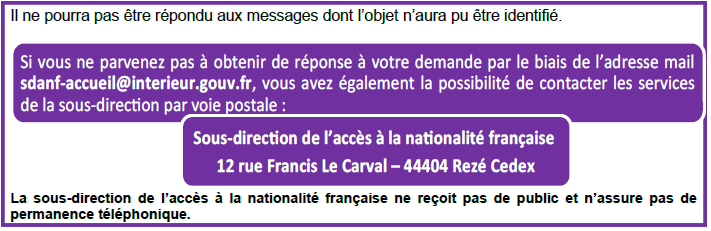 Naturalisation suivi dossier 2023 : Contact Ministère SDANF (REZE)