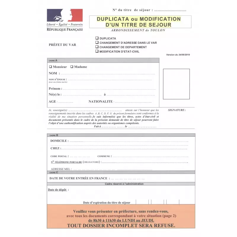 Duplicata ou modification carte de séjour