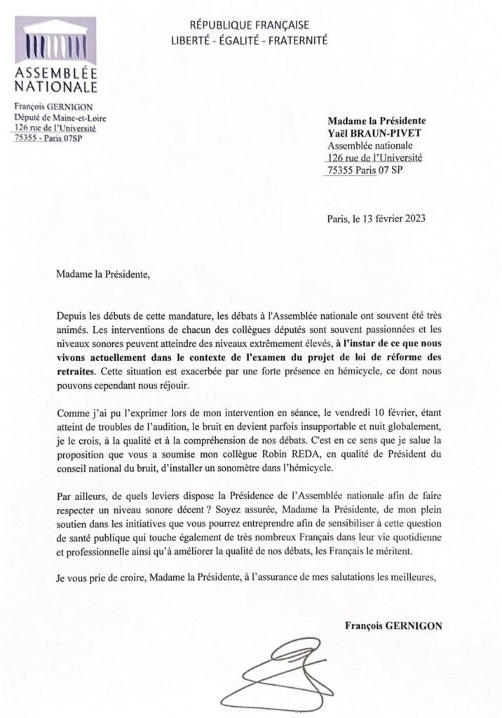 Example d'une lettre adressée à la présidente de l'assemblée nationale.