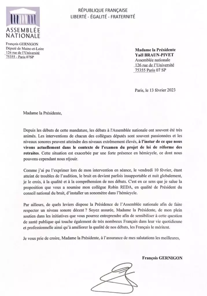 Example d'une lettre adress&eacute;e &agrave; la pr&eacute;sidente de l'assembl&eacute;e nationale.