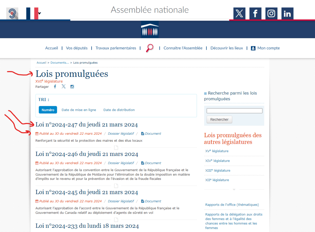 Exemple de liste des dernières lois promulguées avec des flèches pointant vers les dates de promulgation et les titres des lois.