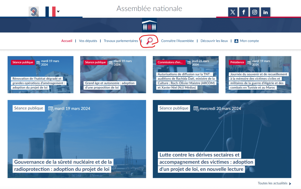 Capture d'écran de la page d'accueil du site de l'Assemblée nationale, mettant en évidence la section recherche.