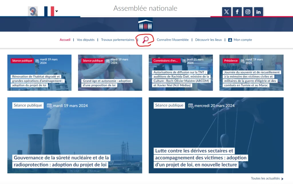 Capture d'&eacute;cran de la page d'accueil du site de l'Assembl&eacute;e nationale, mettant en &eacute;vidence la section recherche.
