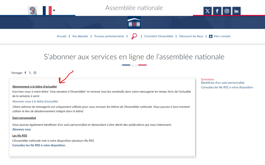 Exemple d'un formulaire d'abonnement à la newsletter, avec des champs pour l'email et les préférences de sujets.