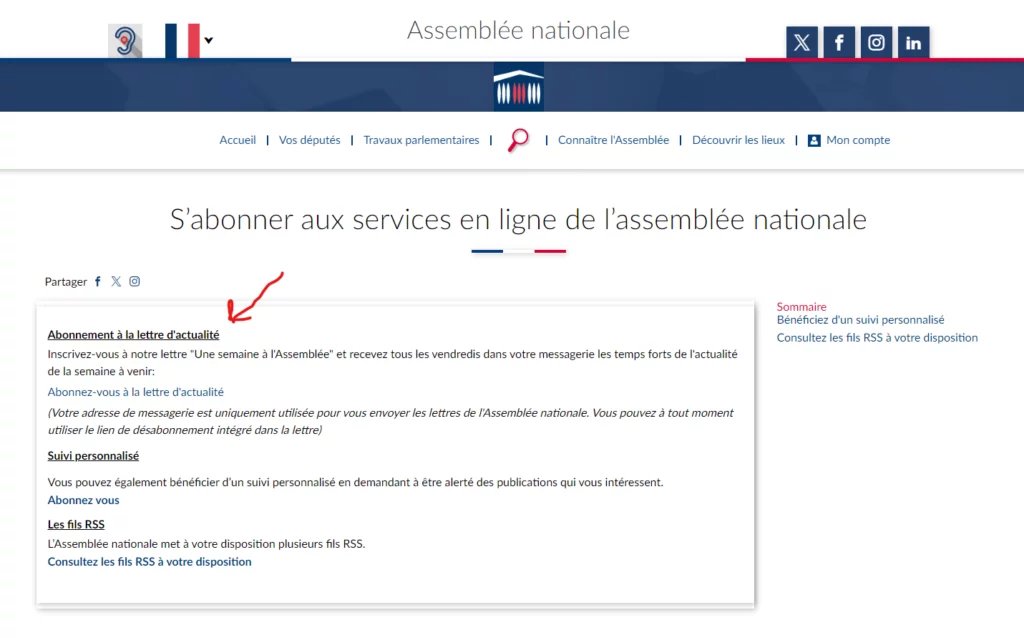 Exemple d'un formulaire d'abonnement &agrave; la newsletter, avec des champs pour l'email et les pr&eacute;f&eacute;rences de sujets.