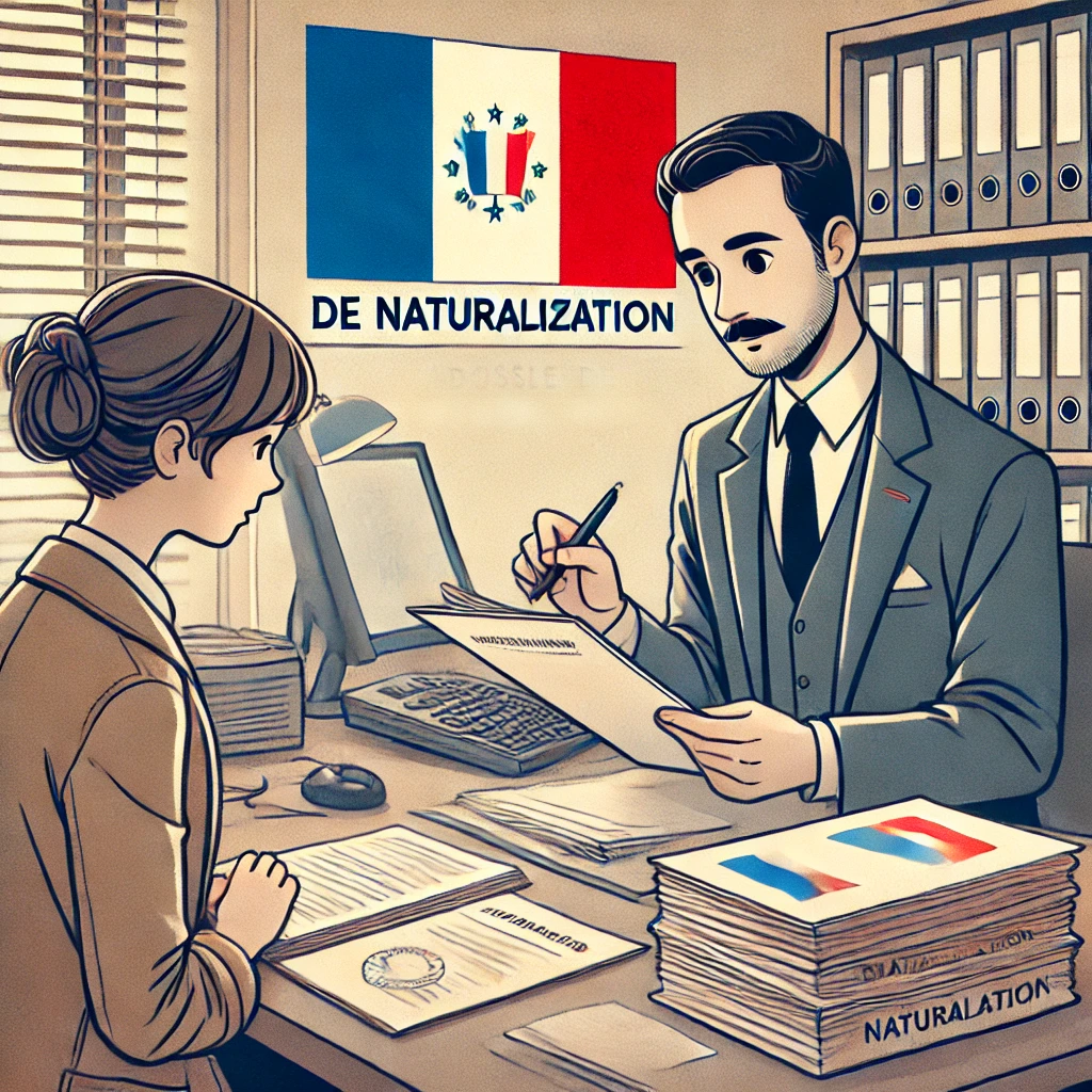 Agent administratif français travaillant pour accélérer dossier naturalisation en examinant des documents officiels.