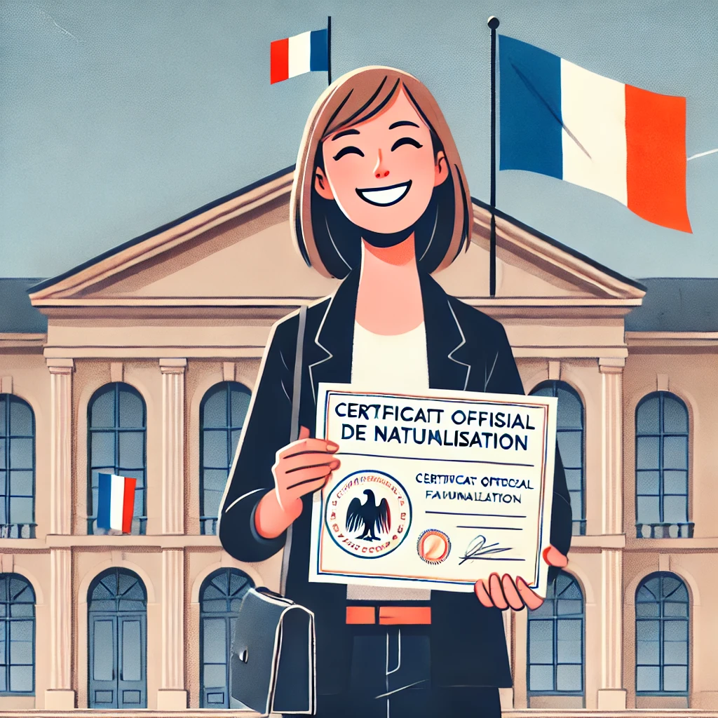 Personne souriante tenant son certificat de naturalisation française devant un bâtiment administratif et un drapeau français, symbolisant la réussite de sa démarche.